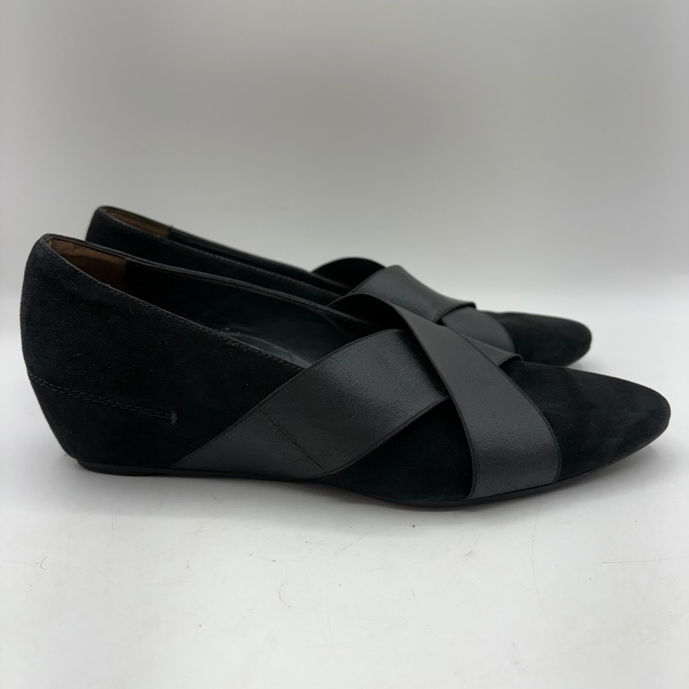Paul Green Black‎ Suede Criss Cross Elastic Strap Low Wedge Pumps Womens US 9